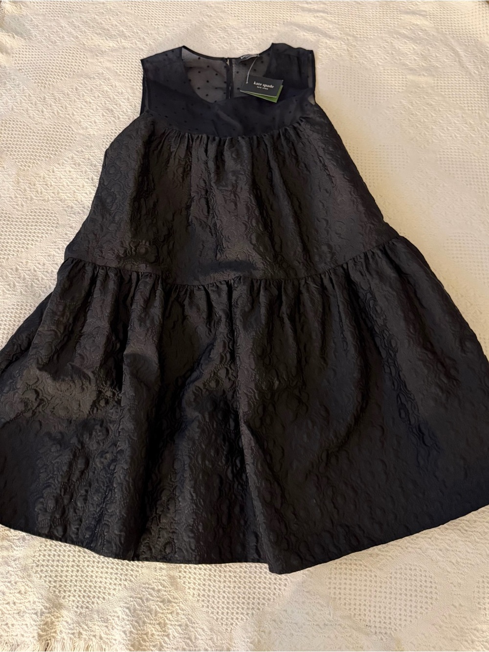 kate spade Black Textured Tiered Mini Dress with Sheer Polka Yoke